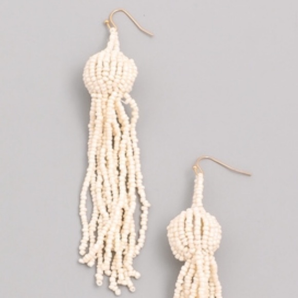 Beaded Tassel Long Drop Earrings Off White - Picture 5 of 7